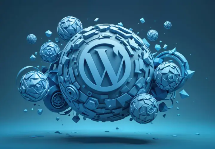 Niebieskie, geometryczne kule i bryły unoszące się w przestrzeni, z logo WordPress na największej kuli.