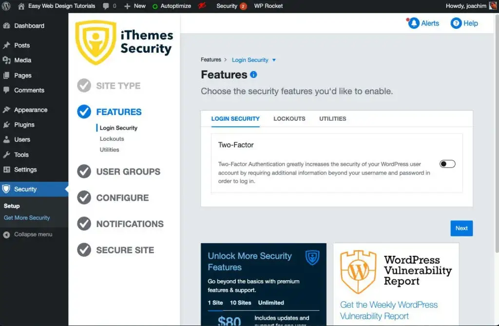 WordPress security plugin interface
