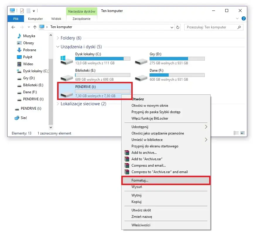 Formatowanie pendrive'a Windows Eksplorator plik&oacute;w