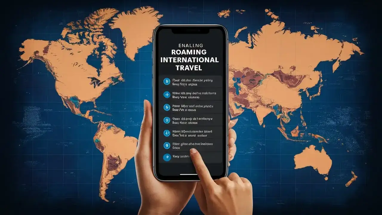 Telefon z włączonym roamingiem danych i mapą świata