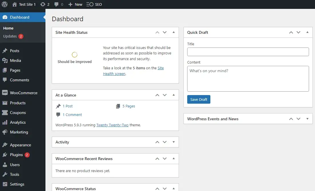 WordPress dashboard after login